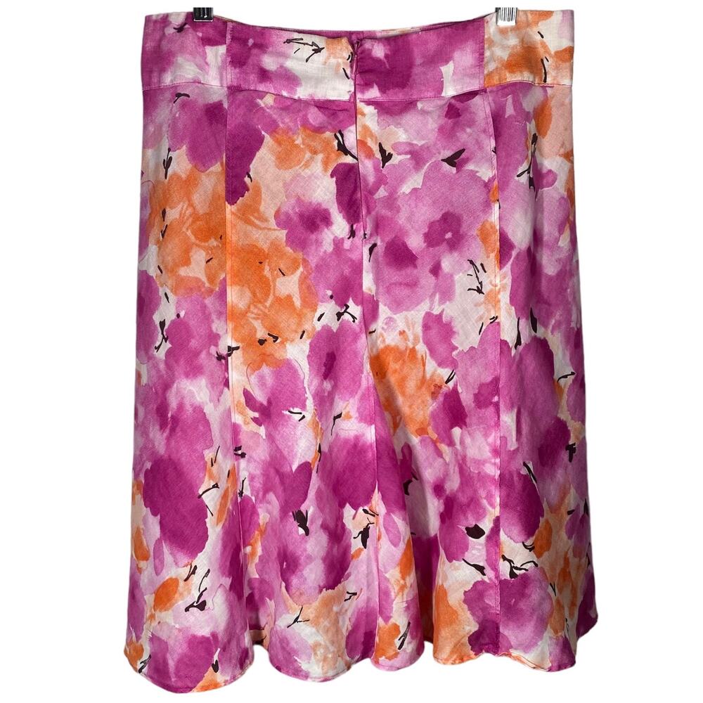 Allison Taylor Floral Skirt 100% Linen Pink Orange White Watercolor Womens Sz 8 - Picture 2 of 5